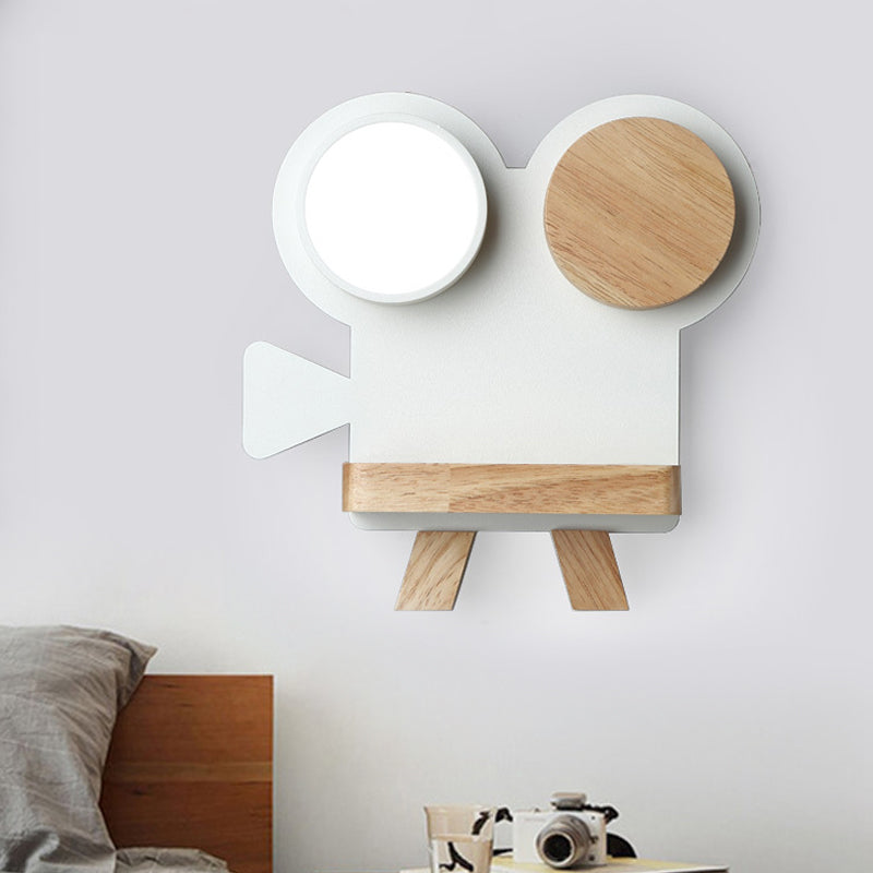 Shooting Camera Wall Lamp Nordic Iron Grey/White-Wood LED Flush Wall Sconce with Rack Function White Clearhalo 'Wall Lamps & Sconces' 'Wall Lights' Lighting' 787178