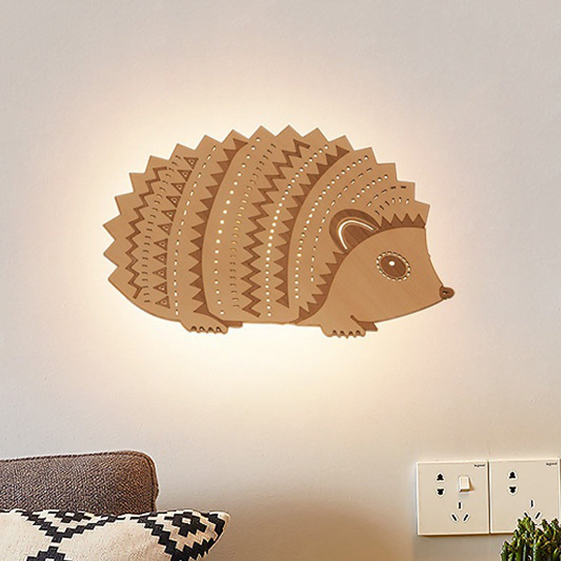 Wood Hedgehog Flush Mount Wall Sconce Kids Beige LED Wall Lighting Fixture for Bedside, Leftward/Rightward Wood Right Clearhalo 'Wall Lamps & Sconces' 'Wall Lights' Lighting' 787210