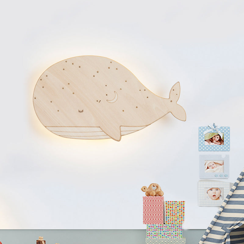 Beige Sleeping Whale Flush Mount Cartoon Wooden LED Wall Mount Light Fixture for Kindergarten, Left/Right Wood Left Clearhalo 'Wall Lamps & Sconces' 'Wall Lights' Lighting' 787214