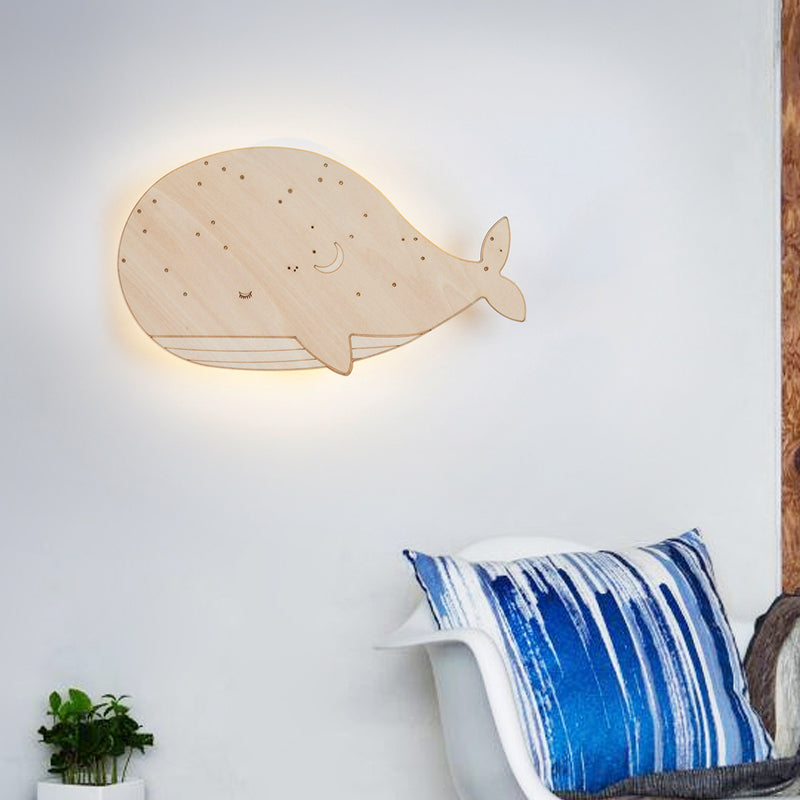 Beige Sleeping Whale Flush Mount Cartoon Wooden LED Wall Mount Light Fixture for Kindergarten, Left/Right Clearhalo 'Wall Lamps & Sconces' 'Wall Lights' Lighting' 787215