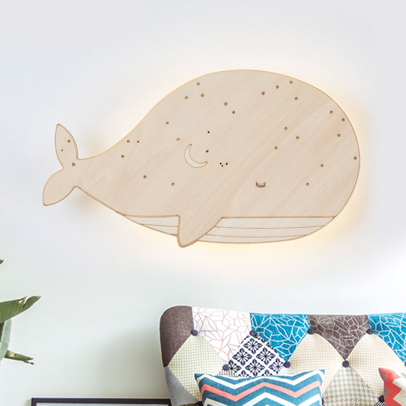 Beige Sleeping Whale Flush Mount Cartoon Wooden LED Wall Mount Light Fixture for Kindergarten, Left/Right Wood Right Clearhalo 'Wall Lamps & Sconces' 'Wall Lights' Lighting' 787218