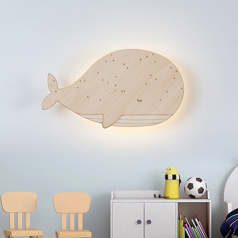 Beige Sleeping Whale Flush Mount Cartoon Wooden LED Wall Mount Light Fixture for Kindergarten, Left/Right Clearhalo 'Wall Lamps & Sconces' 'Wall Lights' Lighting' 787219