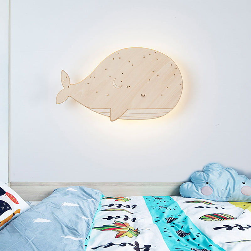 Beige Sleeping Whale Flush Mount Cartoon Wooden LED Wall Mount Light Fixture for Kindergarten, Left/Right Clearhalo 'Wall Lamps & Sconces' 'Wall Lights' Lighting' 787220