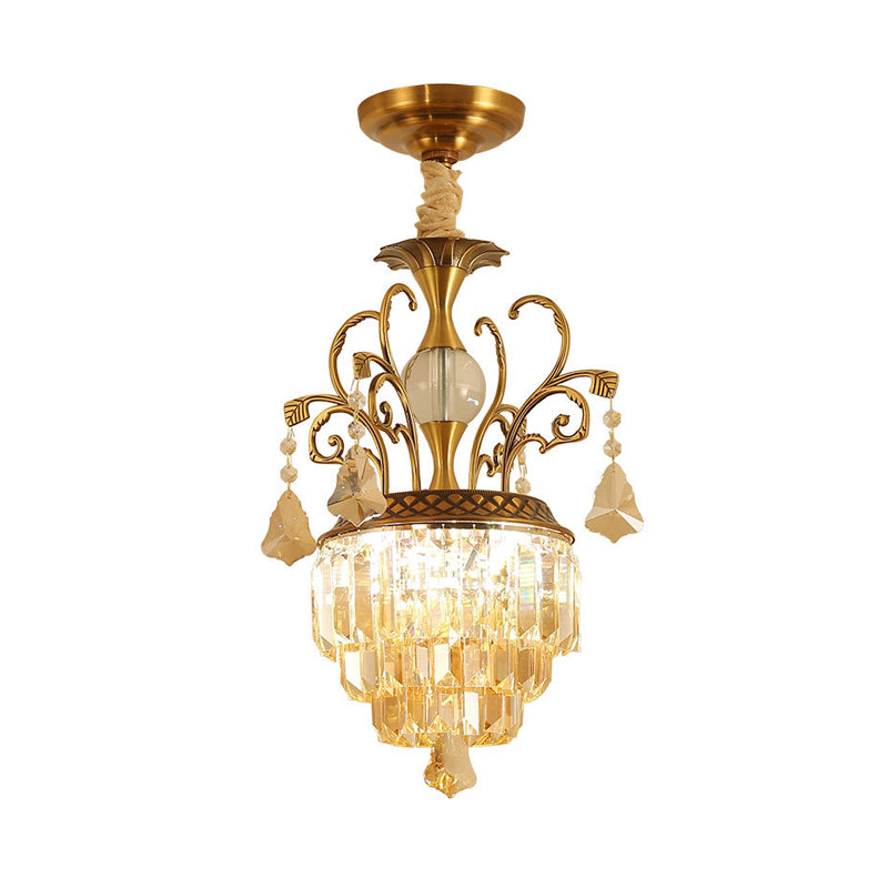 Candle/Tiered Crystal Chandelier Light Vintage 4 Heads Corridor Pendant Lighting Fixture with Swril Arm in Brass Clearhalo 'Ceiling Lights' 'Chandeliers' 'Modern Chandeliers' 'Modern' Lighting' 787252