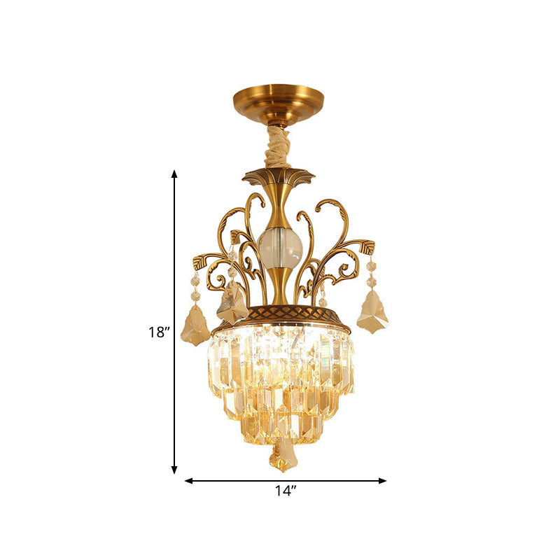 Candle/Tiered Crystal Chandelier Light Vintage 4 Heads Corridor Pendant Lighting Fixture with Swril Arm in Brass Clearhalo 'Ceiling Lights' 'Chandeliers' 'Modern Chandeliers' 'Modern' Lighting' 787253