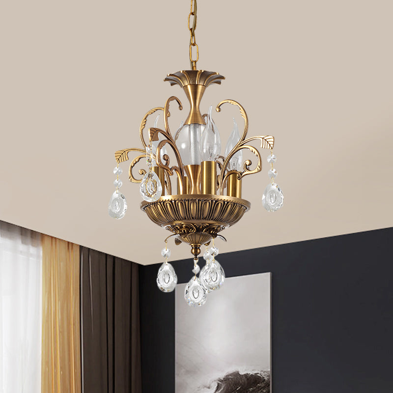 Candle/Tiered Crystal Chandelier Light Vintage 4 Heads Corridor Pendant Lighting Fixture with Swril Arm in Brass Clearhalo 'Ceiling Lights' 'Chandeliers' 'Modern Chandeliers' 'Modern' Lighting' 787255