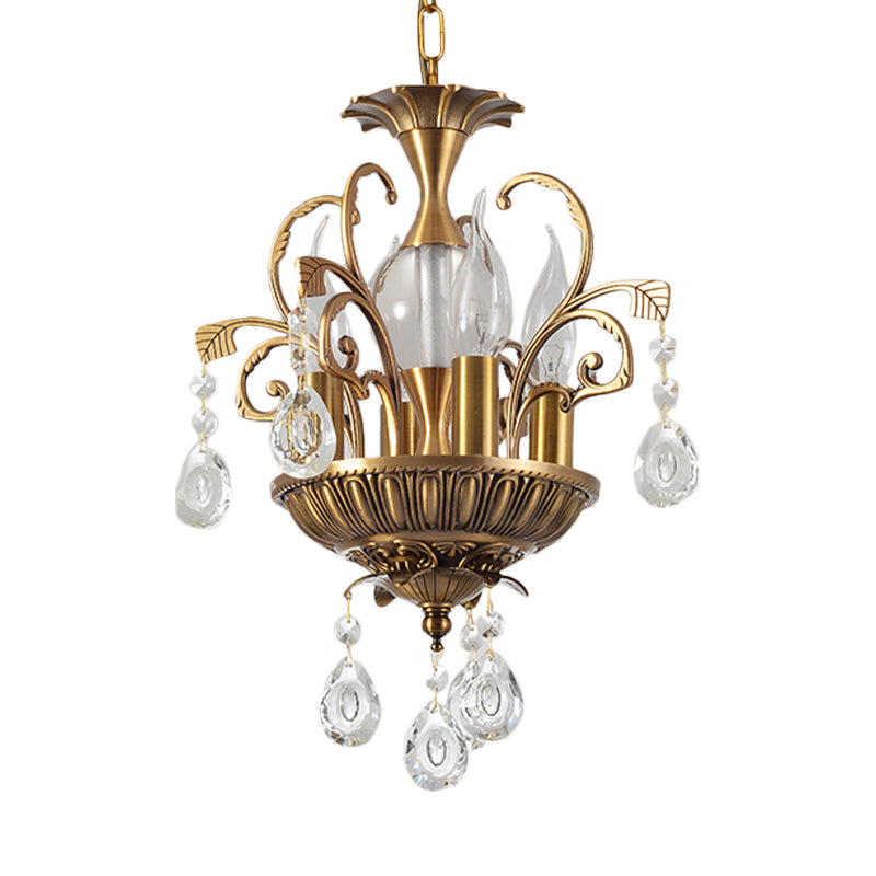 Candle/Tiered Crystal Chandelier Light Vintage 4 Heads Corridor Pendant Lighting Fixture with Swril Arm in Brass Clearhalo 'Ceiling Lights' 'Chandeliers' 'Modern Chandeliers' 'Modern' Lighting' 787256