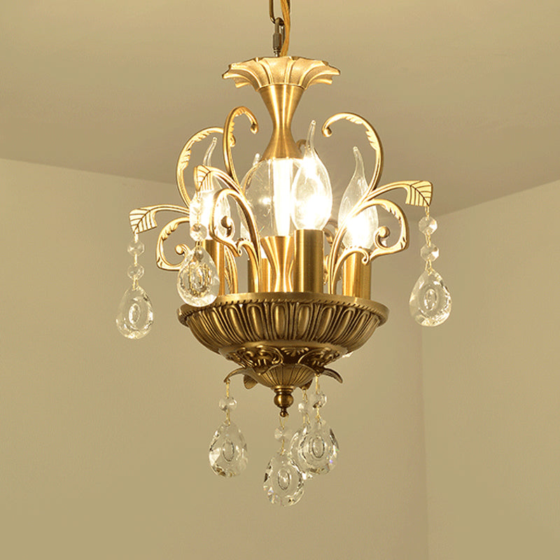 Candle/Tiered Crystal Chandelier Light Vintage 4 Heads Corridor Pendant Lighting Fixture with Swril Arm in Brass Clearhalo 'Ceiling Lights' 'Chandeliers' 'Modern Chandeliers' 'Modern' Lighting' 787257