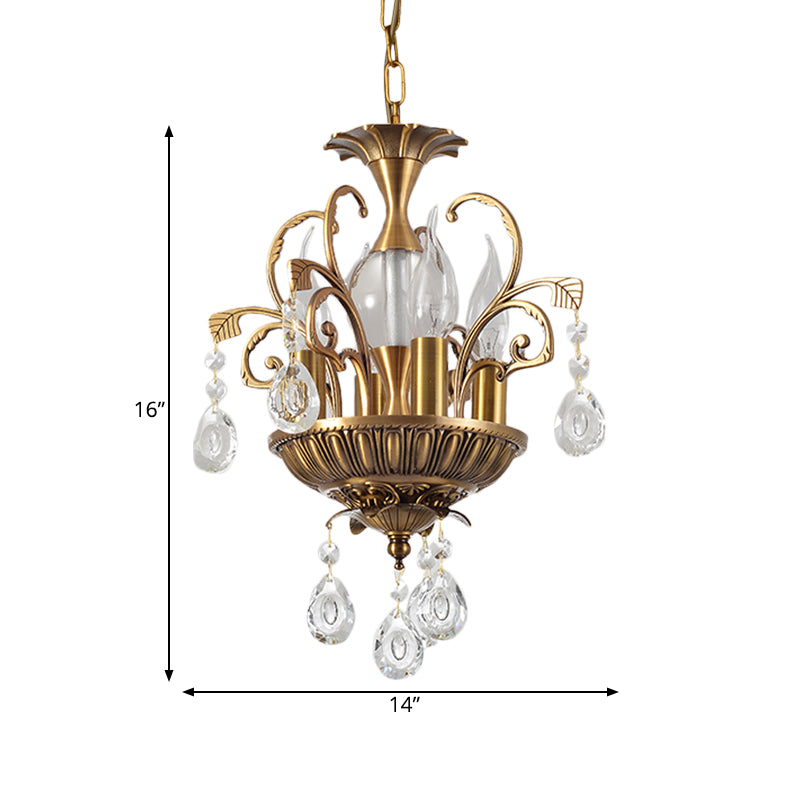 Candle/Tiered Crystal Chandelier Light Vintage 4 Heads Corridor Pendant Lighting Fixture with Swril Arm in Brass Clearhalo 'Ceiling Lights' 'Chandeliers' 'Modern Chandeliers' 'Modern' Lighting' 787258