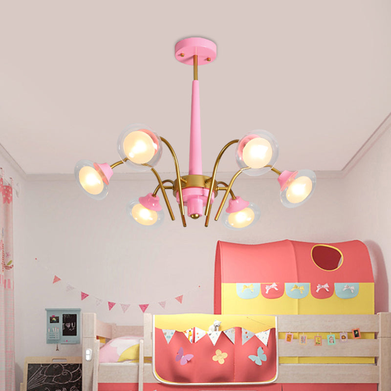 Drooping Hanging Chandelier Macaron Metal 6 Bulbs Kids Bedroom Ceiling Pendant in Pink/Blue with Double Ball Glass Shade Clearhalo 'Ceiling Lights' 'Chandeliers' Lighting' options 787267