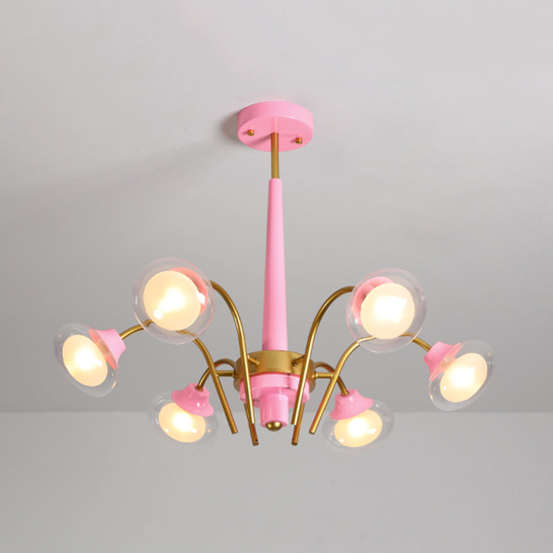 Drooping Hanging Chandelier Macaron Metal 6 Bulbs Kids Bedroom Ceiling Pendant in Pink/Blue with Double Ball Glass Shade Clearhalo 'Ceiling Lights' 'Chandeliers' Lighting' options 787269