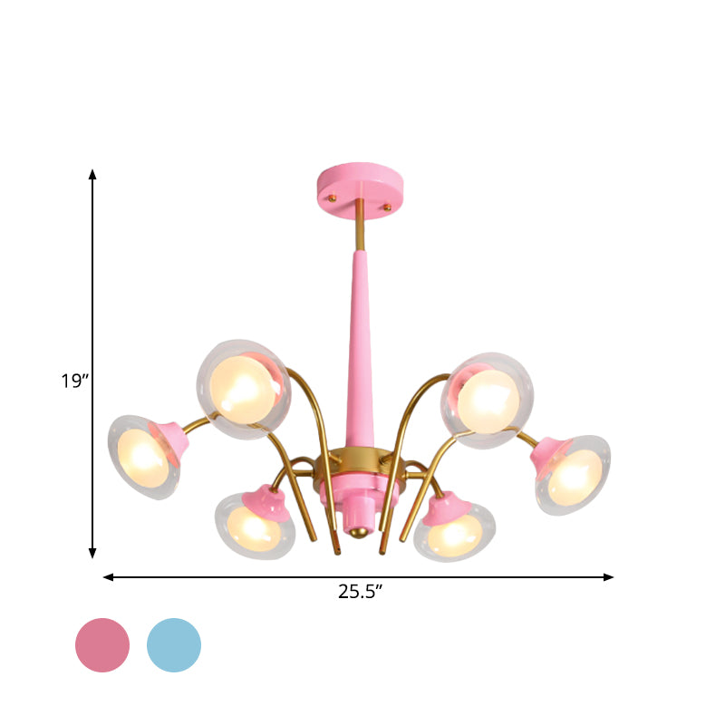 Drooping Hanging Chandelier Macaron Metal 6 Bulbs Kids Bedroom Ceiling Pendant in Pink/Blue with Double Ball Glass Shade Clearhalo 'Ceiling Lights' 'Chandeliers' Lighting' options 787270