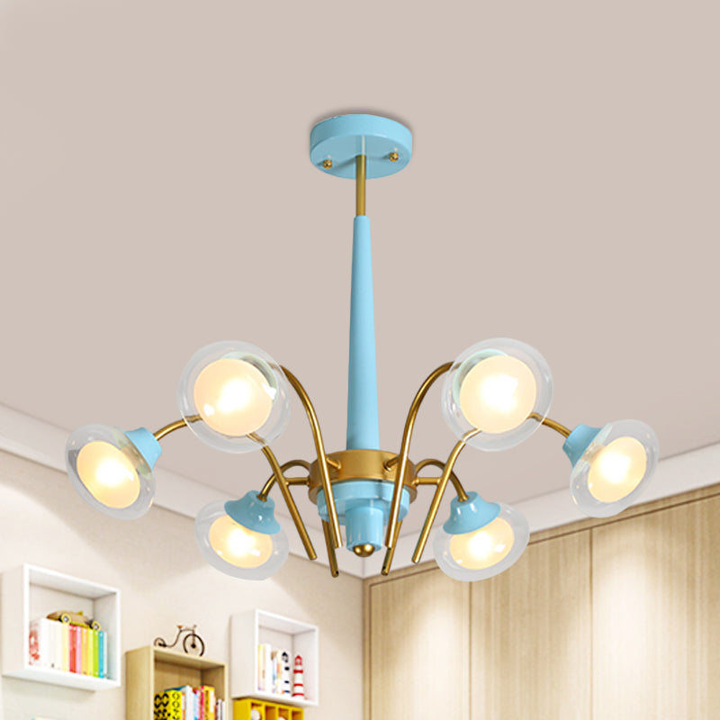 Drooping Hanging Chandelier Macaron Metal 6 Bulbs Kids Bedroom Ceiling Pendant in Pink/Blue with Double Ball Glass Shade Clearhalo 'Ceiling Lights' 'Chandeliers' Lighting' options 787271