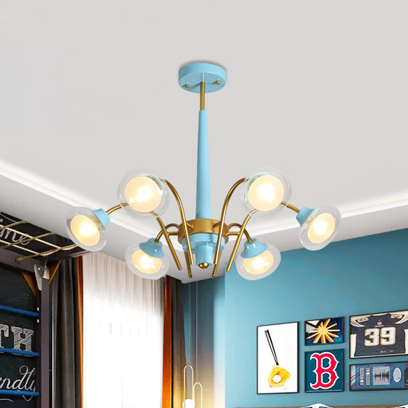 Drooping Hanging Chandelier Macaron Metal 6 Bulbs Kids Bedroom Ceiling Pendant in Pink/Blue with Double Ball Glass Shade Clearhalo 'Ceiling Lights' 'Chandeliers' Lighting' options 787272