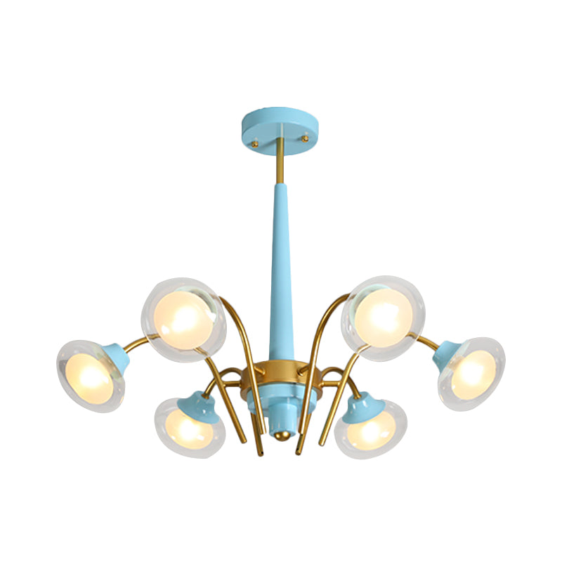 Drooping Hanging Chandelier Macaron Metal 6 Bulbs Kids Bedroom Ceiling Pendant in Pink/Blue with Double Ball Glass Shade Clearhalo 'Ceiling Lights' 'Chandeliers' Lighting' options 787273