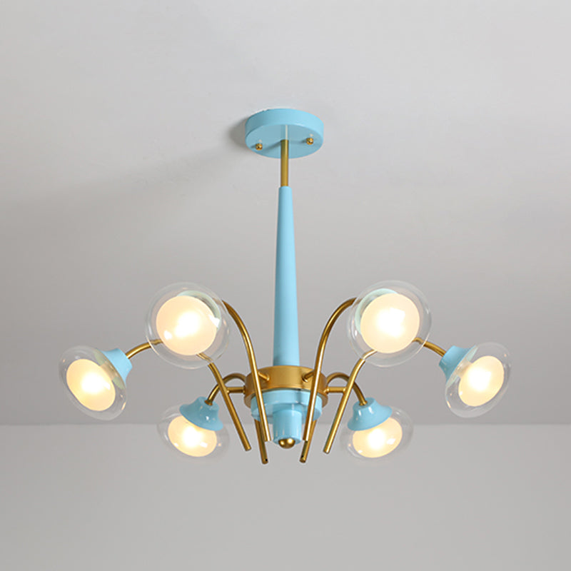 Drooping Hanging Chandelier Macaron Metal 6 Bulbs Kids Bedroom Ceiling Pendant in Pink/Blue with Double Ball Glass Shade Clearhalo 'Ceiling Lights' 'Chandeliers' Lighting' options 787274