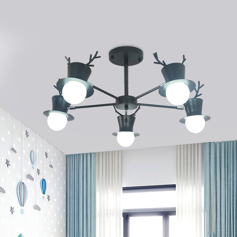 5/8-Head Sitting Room Chandelier Light Nordic Grey/Black Rotatable Hanging Lamp with Antler Cap Iron Shade Clearhalo 'Ceiling Lights' 'Chandeliers' Lighting' options 787291