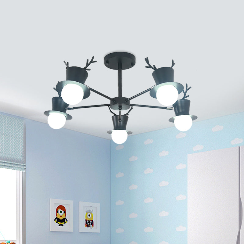 5/8-Head Sitting Room Chandelier Light Nordic Grey/Black Rotatable Hanging Lamp with Antler Cap Iron Shade Clearhalo 'Ceiling Lights' 'Chandeliers' Lighting' options 787292