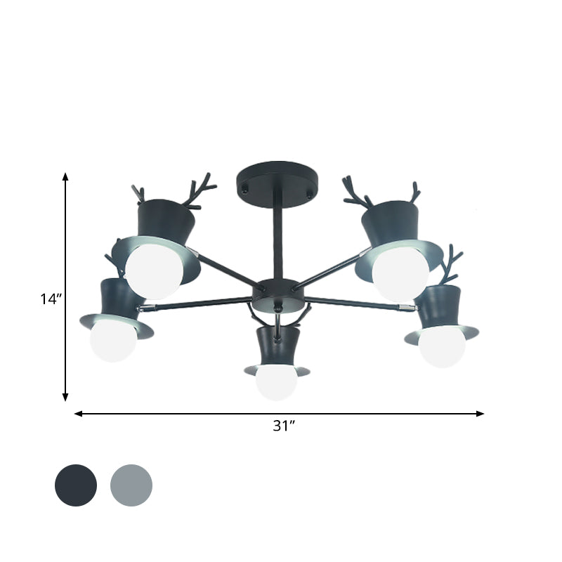 5/8-Head Sitting Room Chandelier Light Nordic Grey/Black Rotatable Hanging Lamp with Antler Cap Iron Shade Clearhalo 'Ceiling Lights' 'Chandeliers' Lighting' options 787294