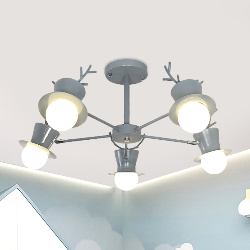 5/8-Head Sitting Room Chandelier Light Nordic Grey/Black Rotatable Hanging Lamp with Antler Cap Iron Shade Clearhalo 'Ceiling Lights' 'Chandeliers' Lighting' options 787295