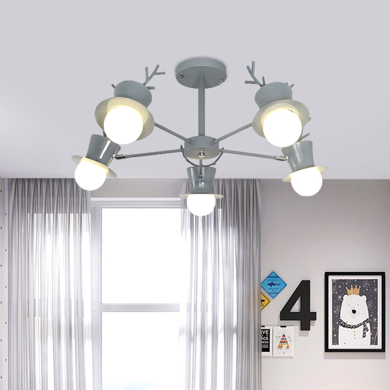 5/8-Head Sitting Room Chandelier Light Nordic Grey/Black Rotatable Hanging Lamp with Antler Cap Iron Shade Clearhalo 'Ceiling Lights' 'Chandeliers' Lighting' options 787297