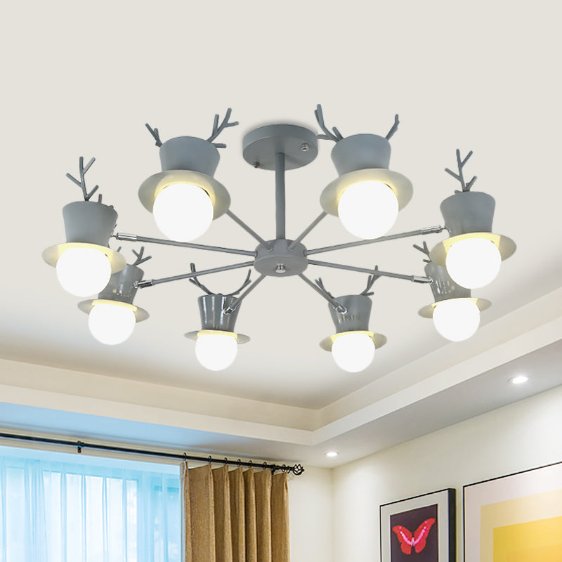 5/8-Head Sitting Room Chandelier Light Nordic Grey/Black Rotatable Hanging Lamp with Antler Cap Iron Shade Clearhalo 'Ceiling Lights' 'Chandeliers' Lighting' options 787304