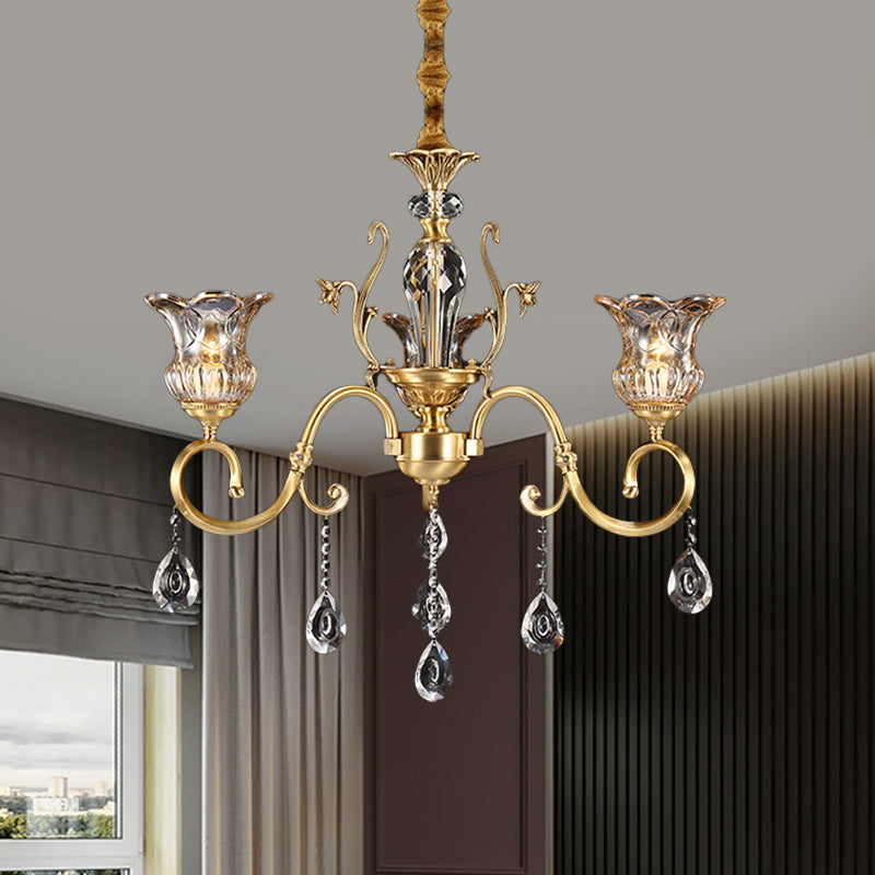 3 Bulbs Bellflower Hanging Light Vintage Brass Clear Glass Up Chandelier with Scroll Arm and Crystal Drop Brass Clearhalo 'Ceiling Lights' 'Chandeliers' 'Modern Chandeliers' 'Modern' Lighting' 787308