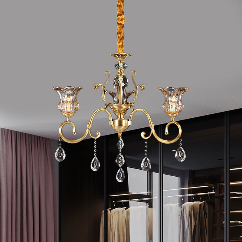 3 Bulbs Bellflower Hanging Light Vintage Brass Clear Glass Up Chandelier with Scroll Arm and Crystal Drop Clearhalo 'Ceiling Lights' 'Chandeliers' 'Modern Chandeliers' 'Modern' Lighting' 787309