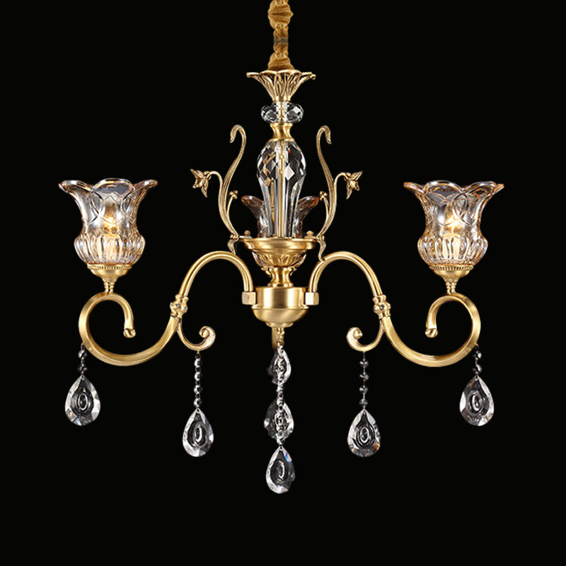 3 Bulbs Bellflower Hanging Light Vintage Brass Clear Glass Up Chandelier with Scroll Arm and Crystal Drop Clearhalo 'Ceiling Lights' 'Chandeliers' 'Modern Chandeliers' 'Modern' Lighting' 787310