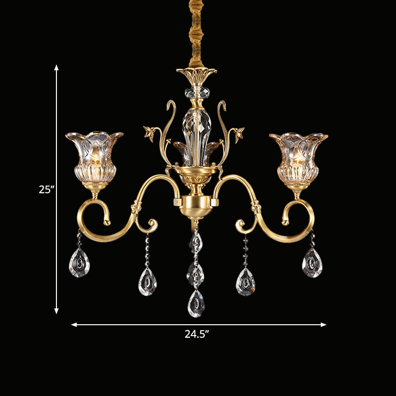 3 Bulbs Bellflower Hanging Light Vintage Brass Clear Glass Up Chandelier with Scroll Arm and Crystal Drop Clearhalo 'Ceiling Lights' 'Chandeliers' 'Modern Chandeliers' 'Modern' Lighting' 787311