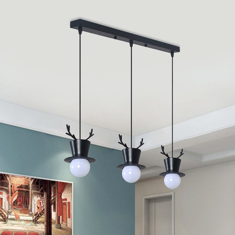 Black Tall Hat Cluster Pendant Nordic Style 3 Bulbs Iron Hanging Ceiling Light with Antler Decor, Round/Linear Canopy Black Linear Clearhalo 'Ceiling Lights' 'Pendant Lights' 'Pendants' Lighting' 787316_625422d9-6ecf-49ff-b8b5-5e04ce92d259