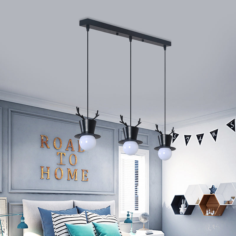 Black Tall Hat Cluster Pendant Nordic Style 3 Bulbs Iron Hanging Ceiling Light with Antler Decor, Round/Linear Canopy Clearhalo 'Ceiling Lights' 'Pendant Lights' 'Pendants' Lighting' 787317