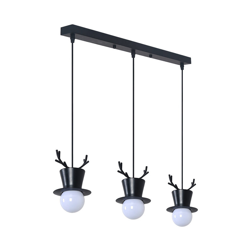 Black Tall Hat Cluster Pendant Nordic Style 3 Bulbs Iron Hanging Ceiling Light with Antler Decor, Round/Linear Canopy Clearhalo 'Ceiling Lights' 'Pendant Lights' 'Pendants' Lighting' 787318