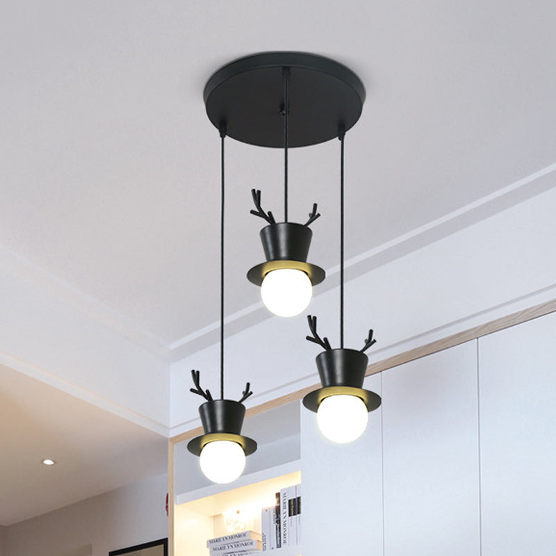 Black Tall Hat Cluster Pendant Nordic Style 3 Bulbs Iron Hanging Ceiling Light with Antler Decor, Round/Linear Canopy Clearhalo 'Ceiling Lights' 'Pendant Lights' 'Pendants' Lighting' 787320