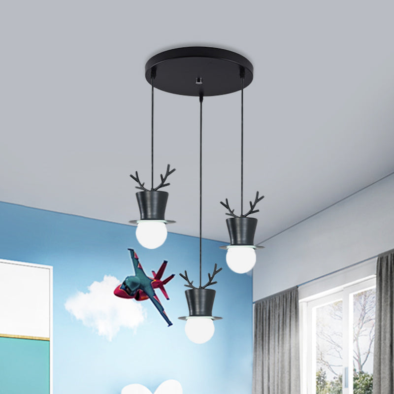 Black Tall Hat Cluster Pendant Nordic Style 3 Bulbs Iron Hanging Ceiling Light with Antler Decor, Round/Linear Canopy Clearhalo 'Ceiling Lights' 'Pendant Lights' 'Pendants' Lighting' 787321