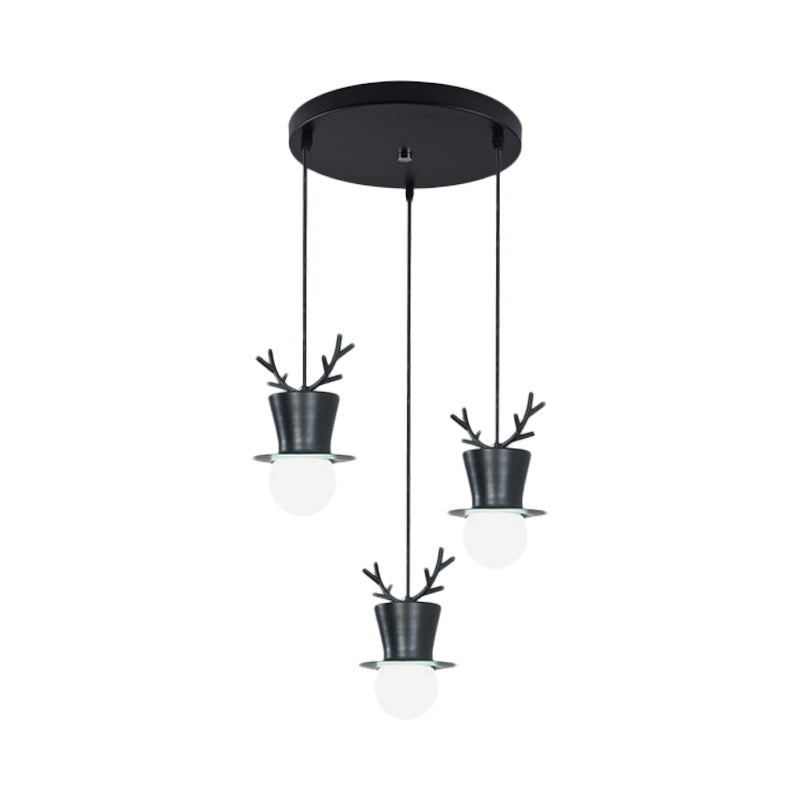 Black Tall Hat Cluster Pendant Nordic Style 3 Bulbs Iron Hanging Ceiling Light with Antler Decor, Round/Linear Canopy Clearhalo 'Ceiling Lights' 'Pendant Lights' 'Pendants' Lighting' 787323