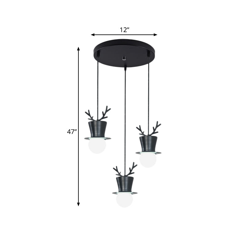 Black Tall Hat Cluster Pendant Nordic Style 3 Bulbs Iron Hanging Ceiling Light with Antler Decor, Round/Linear Canopy Clearhalo 'Ceiling Lights' 'Pendant Lights' 'Pendants' Lighting' 787324