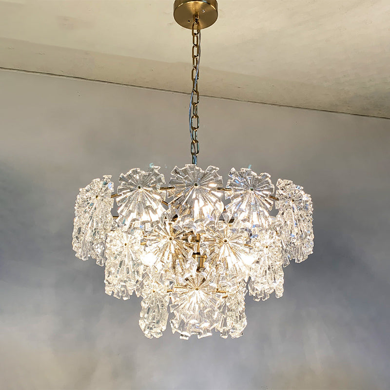 3 Tiers Snowflake Crystal Drop Lamp Modern 4/7 Bulbs 12"/17" Wide Dining Room Ceiling Chandelier in Gold Gold Clearhalo 'Ceiling Lights' 'Chandeliers' 'Modern Chandeliers' 'Modern' Lighting' 787325