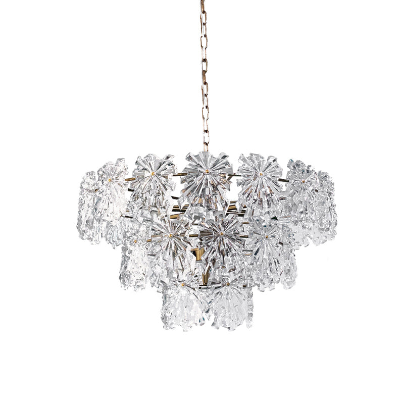 3 Tiers Snowflake Crystal Drop Lamp Modern 4/7 Bulbs 12"/17" Wide Dining Room Ceiling Chandelier in Gold Clearhalo 'Ceiling Lights' 'Chandeliers' 'Modern Chandeliers' 'Modern' Lighting' 787326