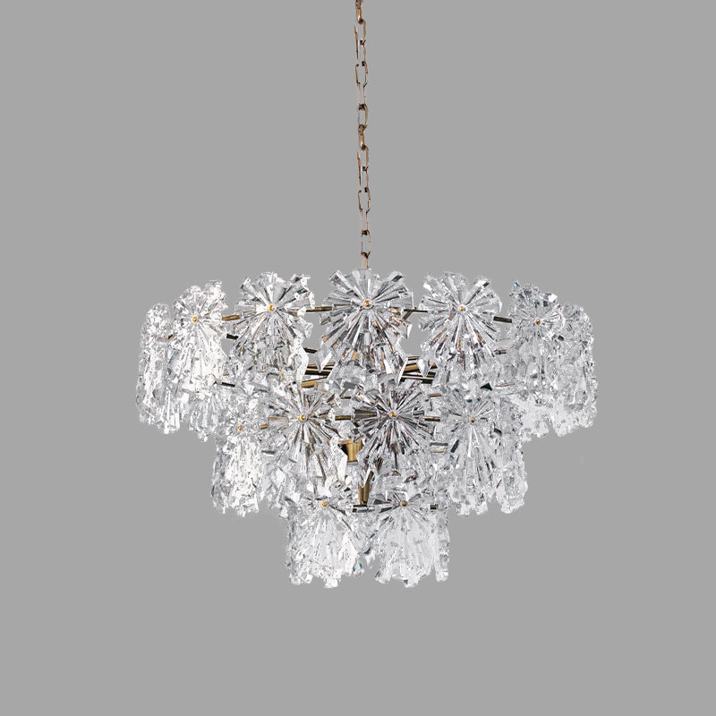 3 Tiers Snowflake Crystal Drop Lamp Modern 4/7 Bulbs 12"/17" Wide Dining Room Ceiling Chandelier in Gold Clearhalo 'Ceiling Lights' 'Chandeliers' 'Modern Chandeliers' 'Modern' Lighting' 787327