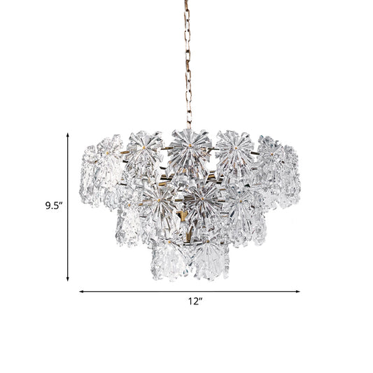 3 Tiers Snowflake Crystal Drop Lamp Modern 4/7 Bulbs 12"/17" Wide Dining Room Ceiling Chandelier in Gold Clearhalo 'Ceiling Lights' 'Chandeliers' 'Modern Chandeliers' 'Modern' Lighting' 787328