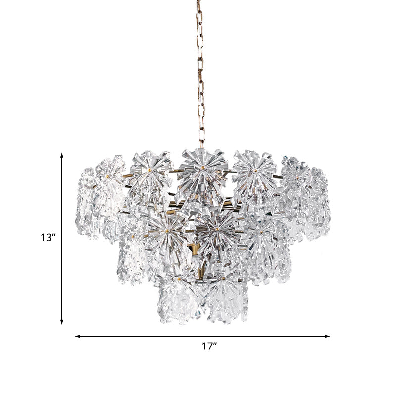 3 Tiers Snowflake Crystal Drop Lamp Modern 4/7 Bulbs 12"/17" Wide Dining Room Ceiling Chandelier in Gold Clearhalo 'Ceiling Lights' 'Chandeliers' 'Modern Chandeliers' 'Modern' Lighting' 787329