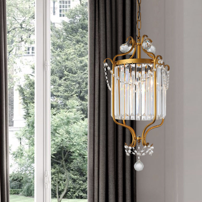 Crystal Prism Drum Pendant Light Vintage 3-Light Living Room Hanging Chandelier with Gold Scroll Frame Gold Clearhalo 'Ceiling Lights' 'Chandeliers' 'Modern Chandeliers' 'Modern' Lighting' 787336