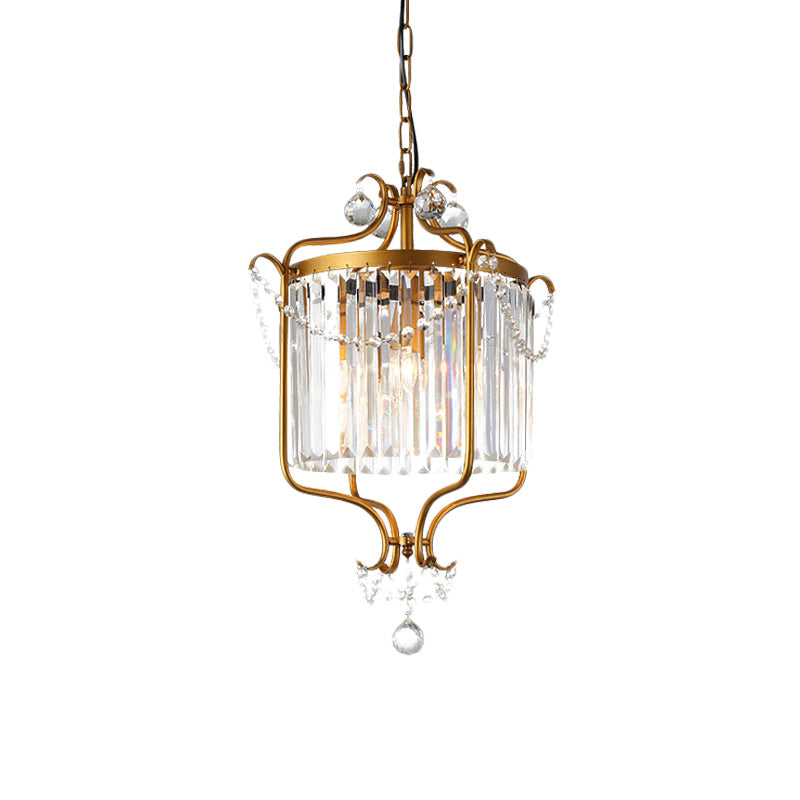 Crystal Prism Drum Pendant Light Vintage 3-Light Living Room Hanging Chandelier with Gold Scroll Frame Clearhalo 'Ceiling Lights' 'Chandeliers' 'Modern Chandeliers' 'Modern' Lighting' 787337