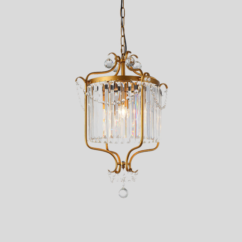 Crystal Prism Drum Pendant Light Vintage 3-Light Living Room Hanging Chandelier with Gold Scroll Frame Clearhalo 'Ceiling Lights' 'Chandeliers' 'Modern Chandeliers' 'Modern' Lighting' 787338