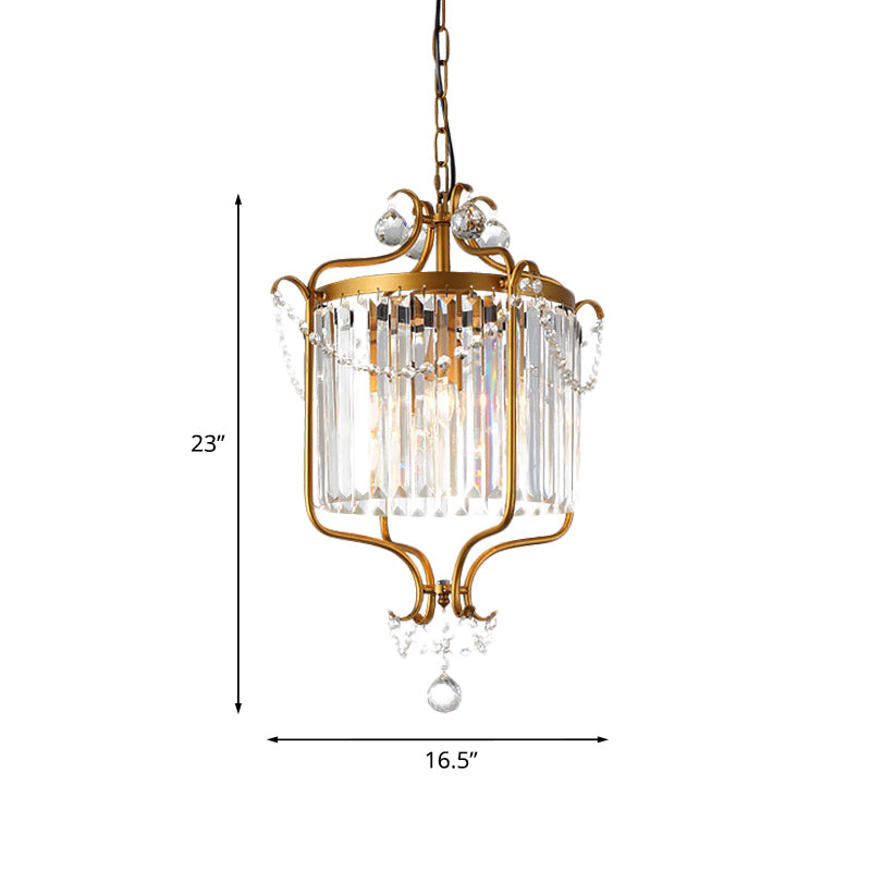 Crystal Prism Drum Pendant Light Vintage 3-Light Living Room Hanging Chandelier with Gold Scroll Frame Clearhalo 'Ceiling Lights' 'Chandeliers' 'Modern Chandeliers' 'Modern' Lighting' 787339