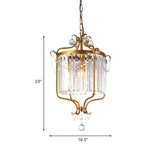 Crystal Prism Drum Pendant Light Vintage 3-Light Living Room Hanging Chandelier with Gold Scroll Frame Clearhalo 'Ceiling Lights' 'Chandeliers' 'Modern Chandeliers' 'Modern' Lighting' 787339