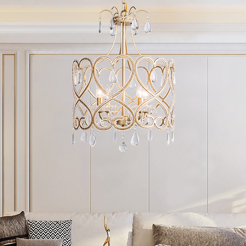 Silver 4 Lights Chandelier Antique Crystal Beaded Drum Hanging Lamp with Swirl Pattern Clearhalo 'Ceiling Lights' 'Chandeliers' Lighting' options 787340