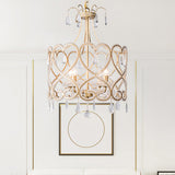 Silver 4 Lights Chandelier Antique Crystal Beaded Drum Hanging Lamp with Swirl Pattern Clearhalo 'Ceiling Lights' 'Chandeliers' Lighting' options 787341