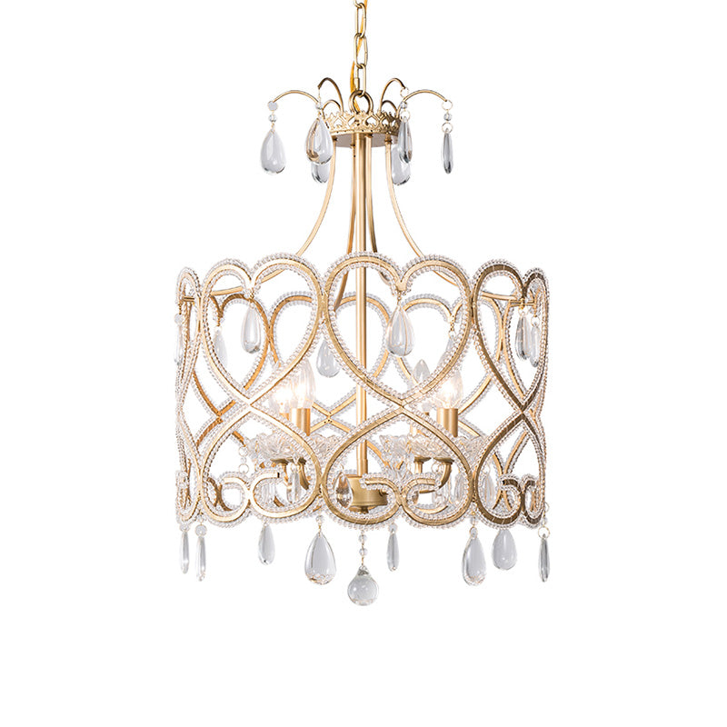 Silver 4 Lights Chandelier Antique Crystal Beaded Drum Hanging Lamp with Swirl Pattern Clearhalo 'Ceiling Lights' 'Chandeliers' Lighting' options 787342